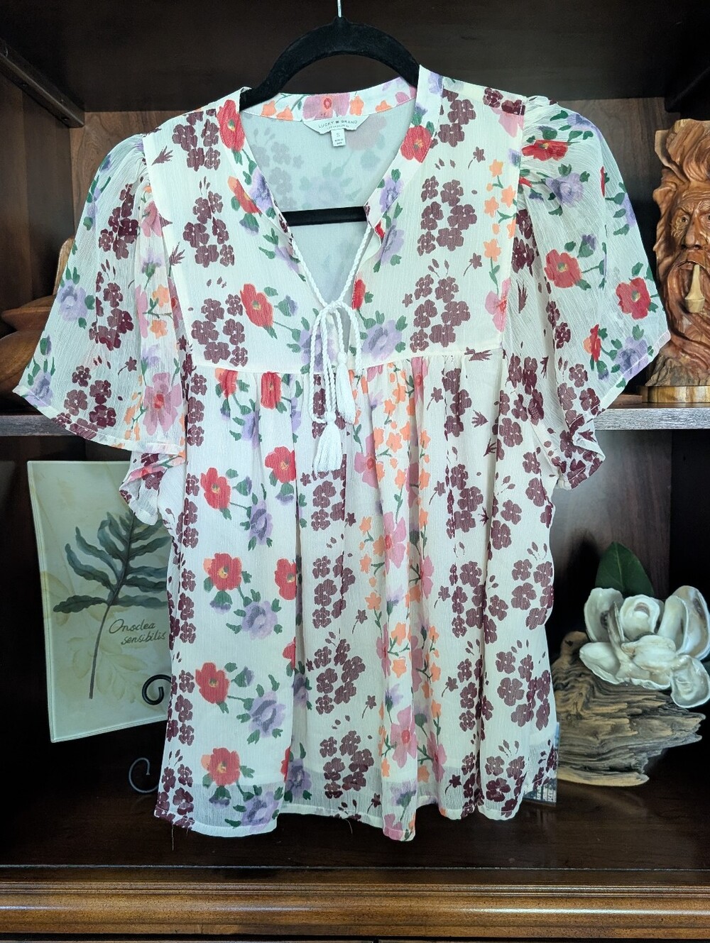 Lucky Brand Cream Floral Tie-Front Ruffle Sleeve Blouse